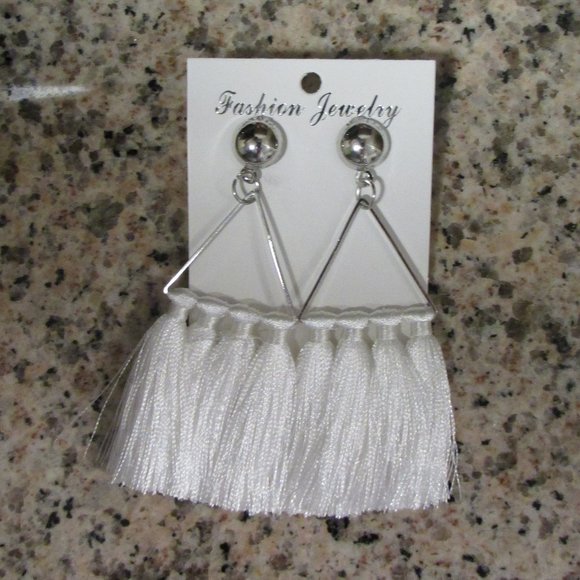 Silver Triangle Hoop Earrings with White Tassels - Picture 1 of 3